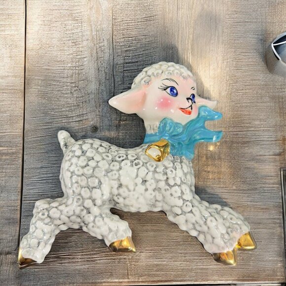 1950s Ceramic Lamb Shell Whimsical Hand Painted Wall Hanging Plaque Figure VTG - Picture 1 of 16